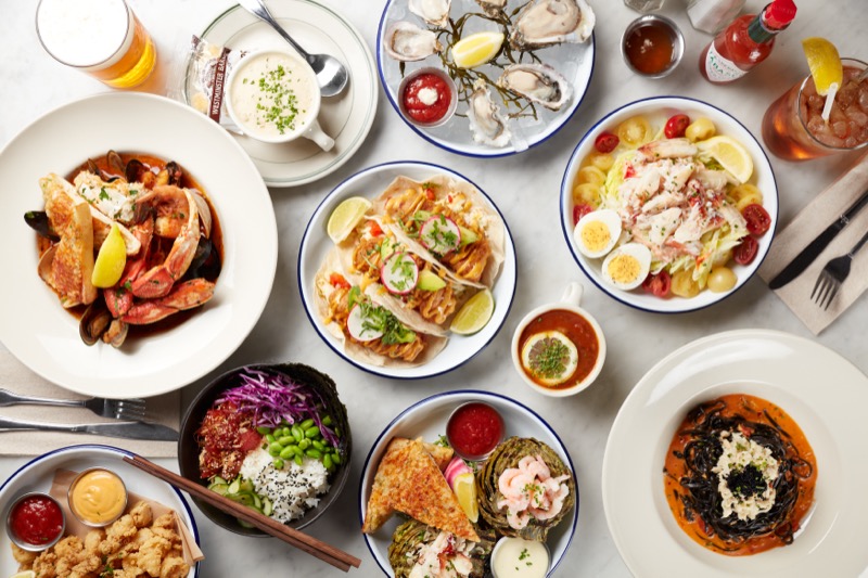 Full table spread of Woodhouse dishes